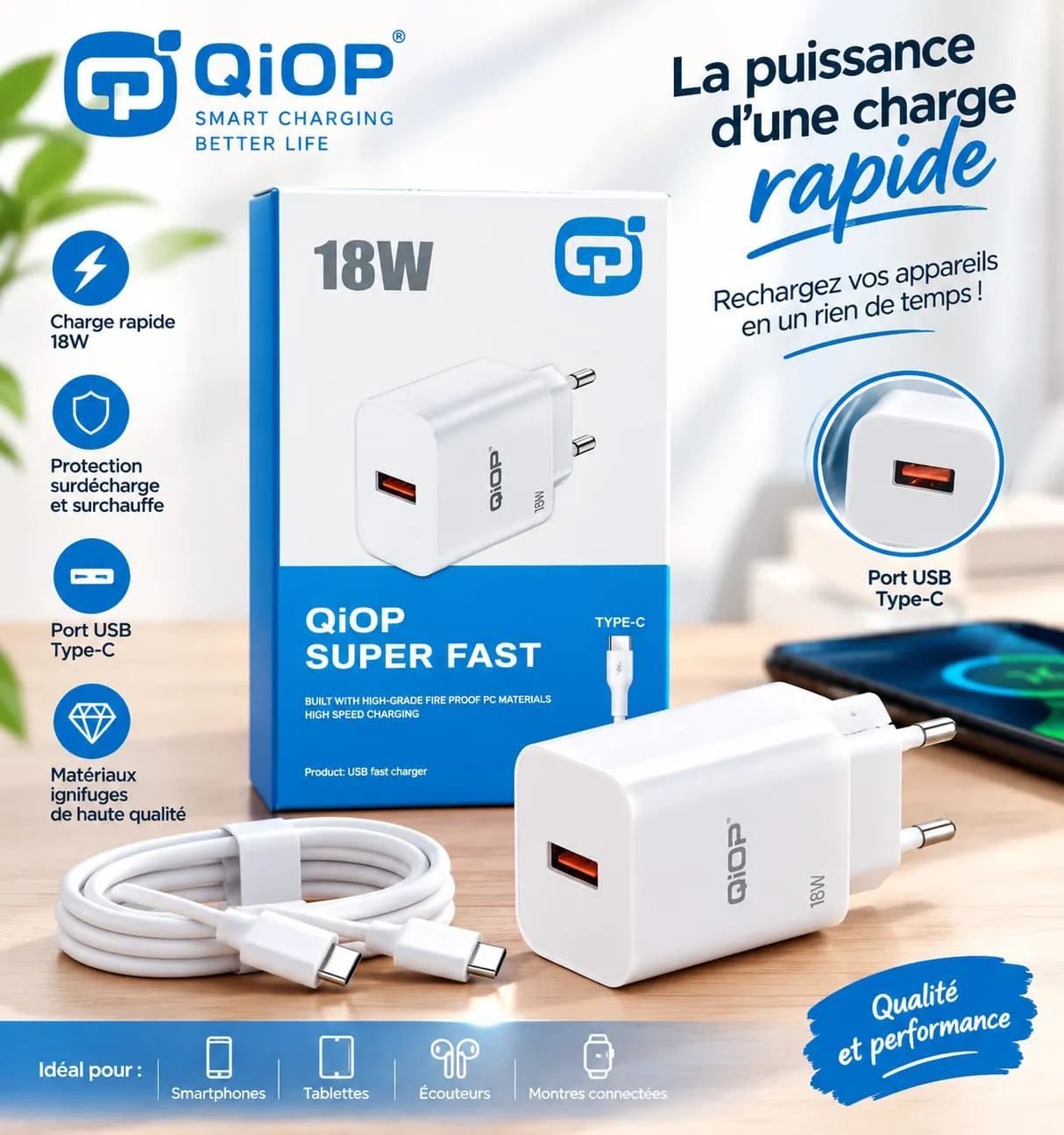 Chargeur Secteur 18W QiOP Super Fast – Bloc Prise USB-C + Câble Type-C Inclus